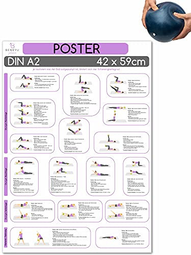 beneyu ® Pilates Poster für Pilates Ball & Gymnastikball Klein in Deutsch, DIN A2 (60x42cm) Klimaneutrale Produktion - (auf A4 gefalzt)