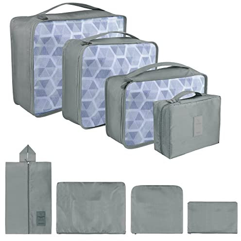 Coolzon Packing Cubes Koffer Organizer, 8 Stück Kofferorganizer Packtaschen Packwürfel mit Schuhbeutel Wäschebeutel Reiseorganizer Kleidertaschen für Rucksack (Grau)