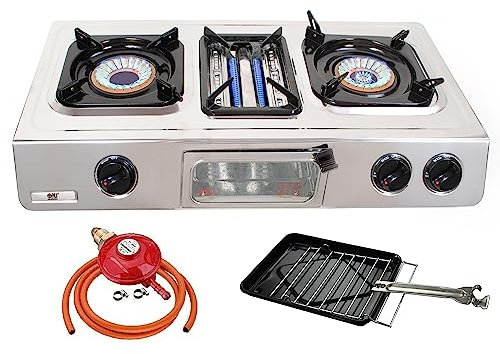 NJ G-87 Camping Gas Stove - 3 Burner Portable Stainless Steel Gas Cooker Outdoor Cooktop LPG Hob BBQ Grill Wok Ring Auto Ignition 9.7kW (Propane 37mbar Screw-on)