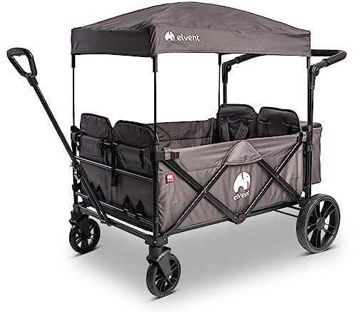 elvent® WagonPro City Bollerwagen/Handwagen faltbar mit Dach I 4 Sitzplätze | groß I Sitzpolster, Hecktasche, Feststellbremse, 5-Punkt-Gurt I für 4 Kinder (Grau)
