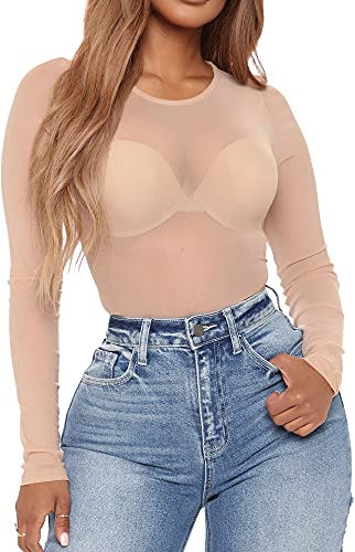 LINMON Women's Sexy See Through Long Sleeve Sheer Mesh Tops Blouse T Shirts High Neck/Crew Neck Clubwear (Crew Neck-Nude,Large)