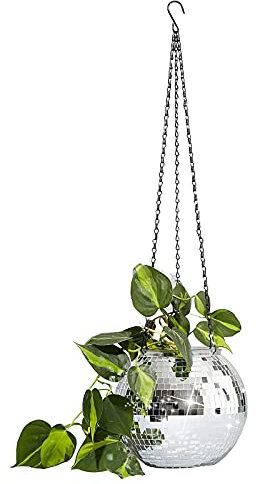 NICETOW Spiegel-Disco-Kugel-Pflanzgefäß, Glitzer-Chrom-Blumentöpfe, hängender Pflanzer im Boho-Stil, Indoor-Outdoor-Dekorative Blumentöpfe Sukkulente Töpfe Glänzende Geschenke-Silber 20x20cm (8x8inc