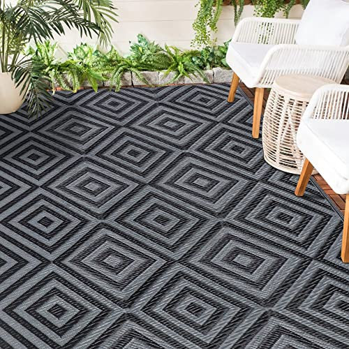 Ridota Reversible Modern Area Rug, Patio Plastic Straw Floor Mat for Outdoors, RV, Patio, Backyard, Deck, Picnic, Beach, Trailer, Camping (Diamond Black & Grey, 4' x 6')