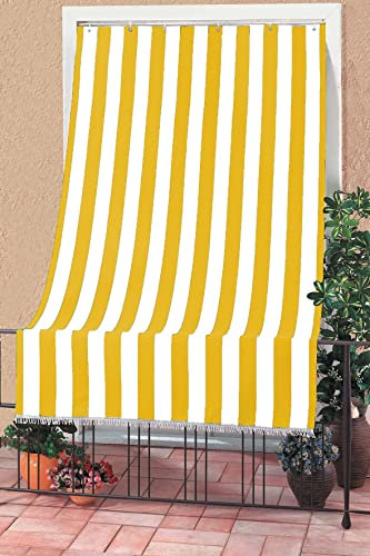 Tenda da Sole a Righe RIVERS per Balcone e Finestra Esterno, Poliestere Leggero, Filtra Luce Solare, Varie Misure e Colori, con Frange e Anelli di Plastica 145X290 CM RIGHE LARGHE GIALLE