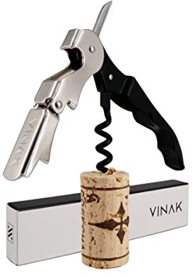 VINAK - Tire-bouchon professionnel ECO, couteau de sommelier en acier inoxydable avec double support articulé + ouvre-bouteille + couteau coupe-capsule et spirale revêtue de téflon (Noir)