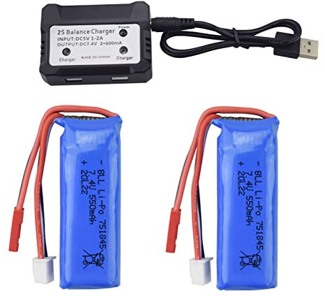 ZYGY 2PCS 7.4V 550mAh Lithium Battery with 2-in-1 Charger Wltoys K969 K979 K989 K999 P929 P939 284131 High-speed RC Car high-speed Battery Accessories