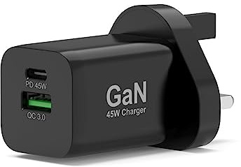 Port Connect Wall Charger gan USB-c Power Delivery™ & USB-a Quick Charge 45w with Type c Cable 2m Black UK Plug