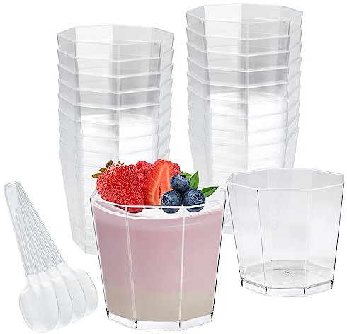 REFORUNG 50 pièces Tasses à Dessert 160ml Octogonal Gobelets à Dessert en Plastique Mini Coupes à Dessert avec Cuillères Bols à Dessert Transparent Réutilisable Verrines Plastique pour crème glacée
