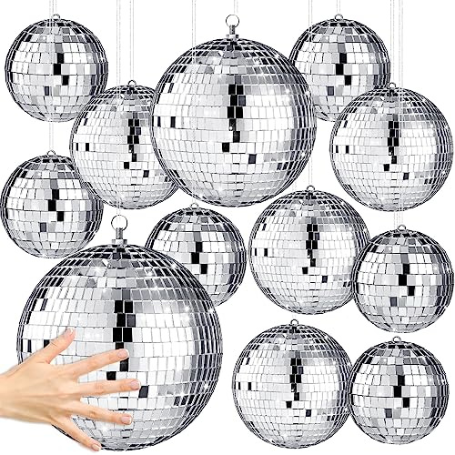 Libima 12 Pcs Large Disco Balls Ornament Bulk, Silver,12'', 8'', 6'', 4''