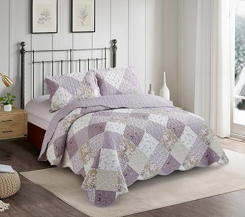 Brilliant Sunshine Lilac and Beige Rose Patchwork, 3-Piece Quilt Set with 2 Shams, Reversible Bedspread, Soft Lightweight Coverlet, All-Season, Full/Queen, Lilac