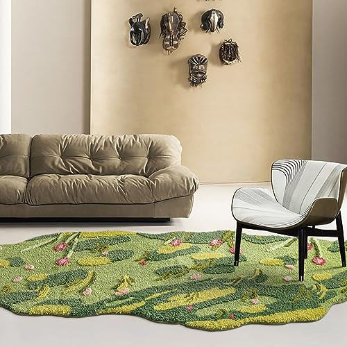 KRYCRHIA Moosteppich, 3D-Stereo-Teppich, unregelmäßiger Teppich, Blumen, Gras, Moos, Teppich für Wohnzimmer, Schlafzimmer, ästhetische Dekoration, Bodenmatte, Innenbereich, Plüsch, zotteliger Teppich,