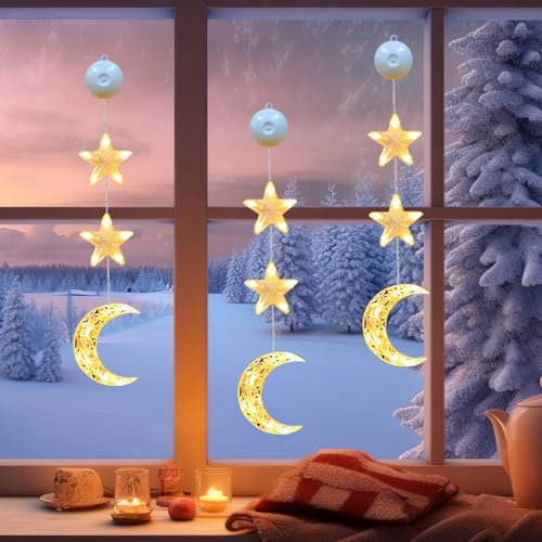Lergas Ramadan Deko Lichter Fenster, Stern Mond Beleuchtet Fensterdeko Hängend, Warmweiß, Batteriebetrieben, 3 LED, 3 AAA Batterien, 14 cm Kabel, Indoor und Outdoor, Eid Mubarak Dekoration