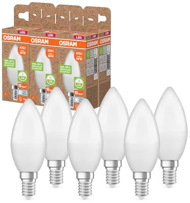 Osram LED STAR CLASSIC B 40 FR LED-Lampe, E14, klassische Minikerzenform, weiß, 4,9W, 470lm, 4000K, kaltweißes Licht, sehr geringer Energieverbrauch, mit recyceltem Kunststoff, 6 - Pack