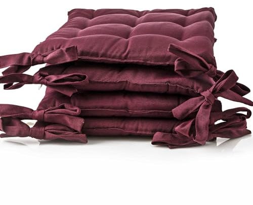 etérea 4er Set Sitzkissen Outdoor 40x40 mit Bändern - Stuhlkissen Bordeaux für Gartenstuhl & Innenbereich - waschbare Sitzauflagen Gartenmöbel - 4 Stück Kissen 40x40 cm - Bordeaux