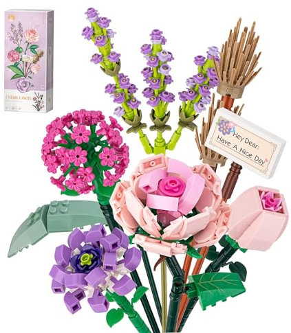 Kujoonur Artificial Flowers Bouquet Building Set, Fake Plants Roses Sets for Children Adults, Flower Decorations for Office Home, Building Blocks Kit, DIY Gift for Women Girl Wife