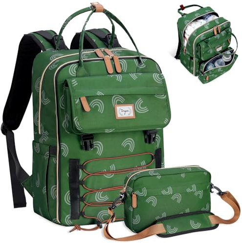 Tonyeee Wickelrucksack für Mama und Papa Wickeltasche groß mit Wickelunterlage abnehmbarer Flaschentasche Baby Tasche für Reisen Kinderwagen Babytasche Grün