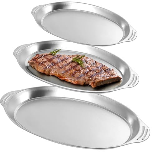 3 Stück ovale Servierplatten aus Edelstahl, Serviertablett aus Metall mit Griffen, große Brutplatte, Kellnertablett mit Griffen, matt gebürstetes Edelstahl-Essenstablett für Abendessen, Partys