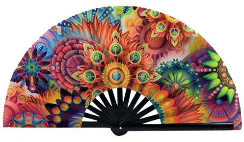 Folding Hand Fan For Raves UV Glows Fan Large Bamboo Fan For Women And Men Gift Chinese Fans For Party Music Festival Foldable Handheld Raves Fan Folding Hand Held Fan Hand Raves Fan Uv Glows Fan