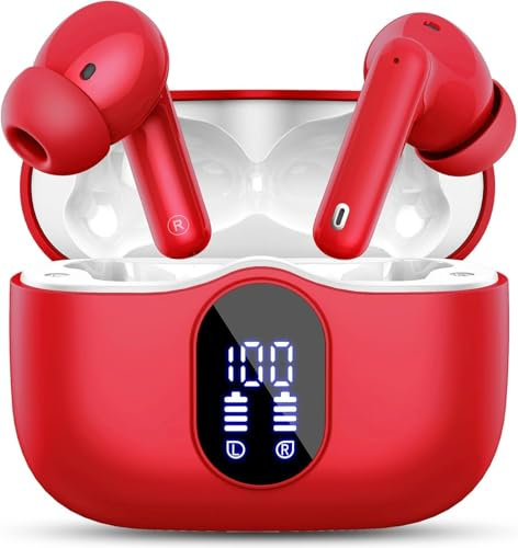 Wireless Earbuds, Bluetooth Headphones 5.4 HiFi Stereo, Wireless Earphones with ENC Noise Cancelling Mic, IP7 Waterproof in Ear Headphones, LED Digital Display Ear Buds, Touch Control, Red