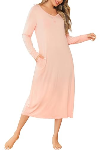 Vlazom Chemise de Nuit Femme à Manches Longues Grande Taille Col en V Vêtements de Nuit avec Boutons,B-Rose,L