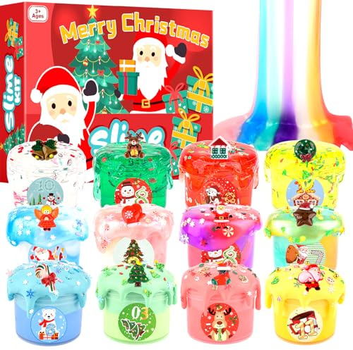 12pcs Christmas Slime Kit -Christmas Stocking Stuffers, Stretchy, Soft, and Scented - Ideal for Slime Party Favors, Girls, Boys, Kids, Classroom Rewards