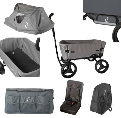 Beachwagon STURDY® Faltbarer Bollerwagen - Dunkelgrau inkl. Gepäckaufbewahrung, Hellgrau Matratze, Kindersitz, Schwarzes Huf, Wannendeckbezug, Seitentasche, Flaschenhalter, Umhängetasche