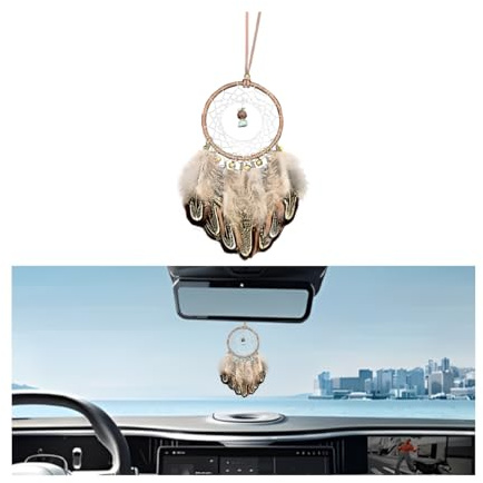 Adunsiaoto Auto-Anhänger, Autoanhänger Dreamcatcher Feather, Kreativer Traumfänger Dream Catcher Auto, Autos Innenspiegel Charms Hängende Dekorations, Auto Rückspiegel Hängender Feder Perlen(Braun)
