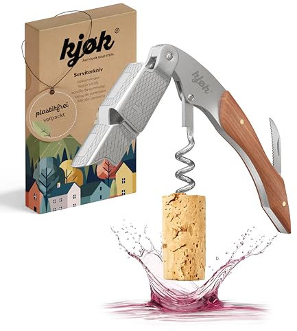 kjøk Premium Kellnermesser aus Edelstahl gebürstet mit Holzgriff und Kapselschneider - Profi Sommeliermesser Weinöffner - edles Kellnerbesteck mit Korkenzieher Flaschenöffner