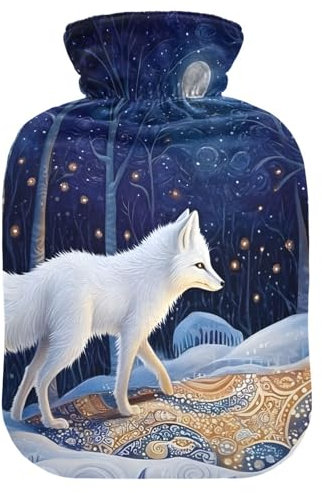 Moonlit Fox Blue Wärmflaschen mit Samtbezug, Wärmbeutel für heiße und kalte Kompresse, 2L