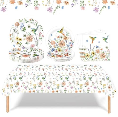 Zhehao 101 Pcs Spring Floral Party Decorations Wildflower Hummingbird Disposable Tableware Floral Paper Plates Napkin Tablecloth Party Decorations for Garden Picnic Baby Shower