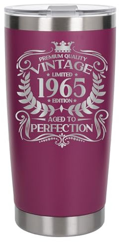 Always Looking Good 60th Birthday Gift Vintage 1965 Aged to Perfection Engraved Insulated Travel Mug Present for 60 Year Old Dark Pink Thermal Coffee Flask Travel Mugs with Lids