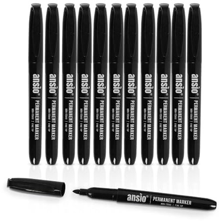 ANSIO Permanent Marker Pens – Black Ink Fine Tip Markers Ideal for Office, Home & School, Works on Paper, Plastic, Metal & Glass (Pack of 12)