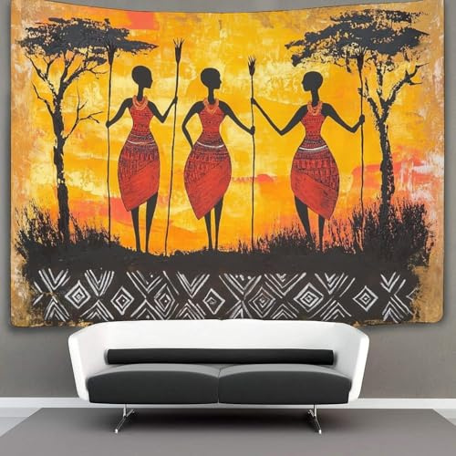 Stammesfrau hält einen Holzstab Tapisserie, 3D Traditional Afrikanische Kunst Wandbehang Wandtuch Tagesdecke Bettdecke Für Schlafzimmer Wohnzimmer Wohnheim 150cmx200cm