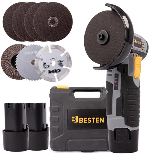 BESTEN Mini-Akku-Winkelschleifer ohne Bürsten, Winkelschleifer mit 2 Akkus 1500 mAh 12 V, Set mit Metallscheiben