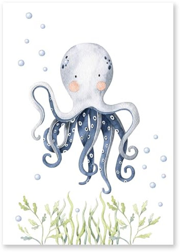 Calmondo Krake Kinderbild für Kinderzimmer | Tier-Poster als Geschenk für Mädchen & Jungen | Bild für Kinder als süße Wand-Deko für eine fröhliche Atmosphäre | DIN A4 | Mit Bonusbild