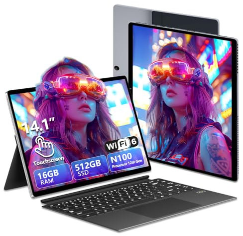 Ordenador Portátil 2-en-1 16GB RAM + 512GB SSD, PC Portatil N100 CPU, Pantalla táctil de 14,1 1920*1200, WIFI 6 + BT 5.2 / Tipo-C / Micro HDMI, Teclado Tetroiluminado, Tableta portátil desmontable