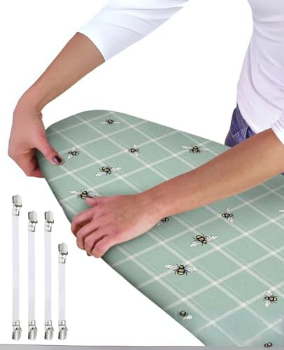 Ironing Board Cover - Universal Fit - 120 x 40cm + 4 pack Ironing Board Fitting Clips (Sage Checked w/bees)