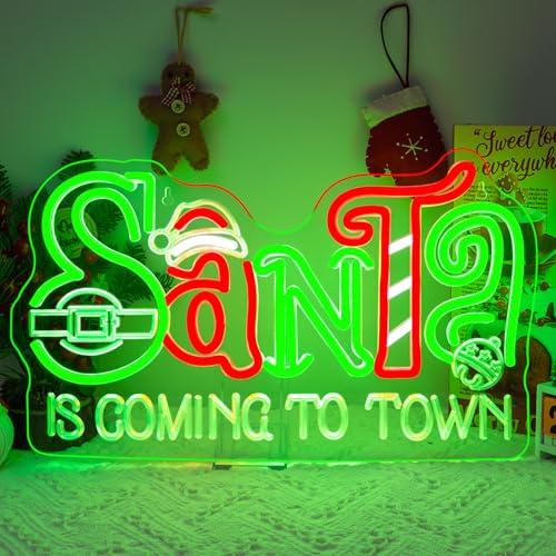 Horseneon Christmas Neon Light Sign,Santa Is Coming To Town Neon Sign, Merry Christmas LED Sign,Santa Town Neon Light Lettering Wall Decorations For Xmas Gifts Celebration Party