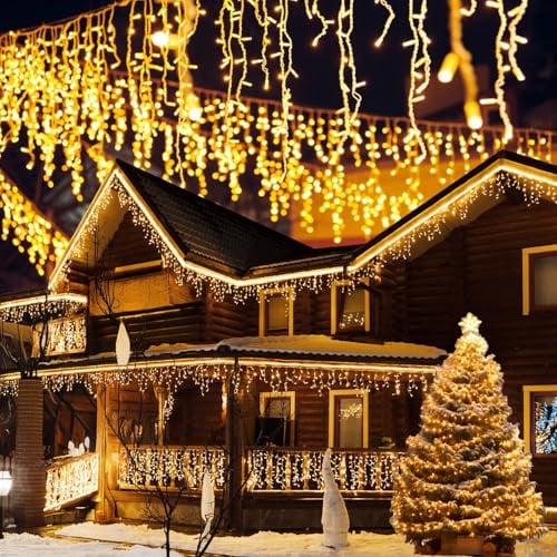 Kuro-sagol Eiszapfen Lichterkette Außen 5m 200LED IP44 wetterfest & wasserdicht, mit 8 Modi, Lichtervorhang innen, Beleuchtung für Garten Außen Pavillon Balkon Hochzeit Home Deko, warmweiß