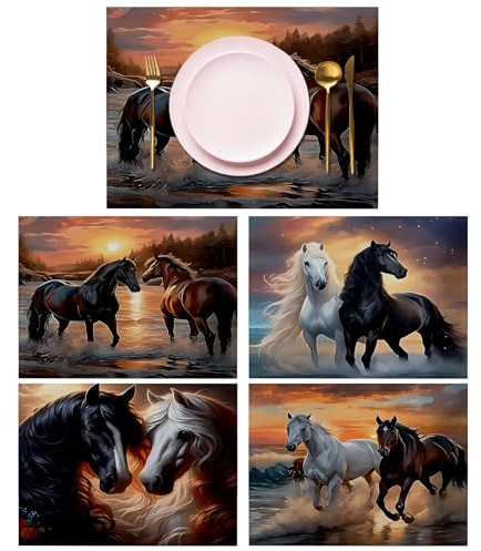 Lvjkes 4 Stück Tiere Platzset, 30 x 45 cm Tischsets Abwaschbar - Pferd | Handgenähte Bedruckte Tischsets, rutschfeste Tischset Platzsets aus Leinen, Geeignet für Küche, Wohnzimmer, Esszimmer, Bar