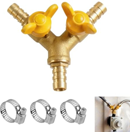 Connecteur de Tuyau en Laiton à 2 Voies avec Robinet à Bille, Adaptateur Universel pour Tuyaux d'Air, Eau et Gaz, Inclut 3 Colliers de Serrage en Acier Inoxydable, Compatible avec Tuyau ID de 10 mm-11