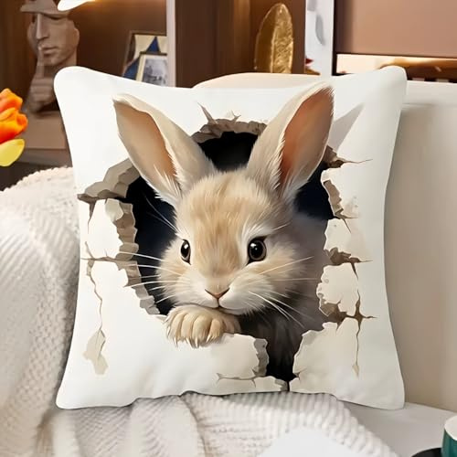 Ueiwffzo 2er Set Kissenbezüge Osterhase Niedliche Weiche Tiere Hase 2D Muster Flauschiger Plüsch Kissenhüllen deko, Wurfkissenbezüg für Sofa Wohnzimmer 45x45cm
