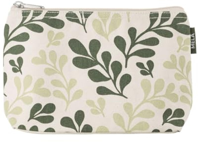 Kosmetiktasche groß - Kosmetik Organizer für Damen & Herren - Reise Kulturbeutel mit Muster - 100% Bio Baumwolle - Großes Hauptfach - GOTS, Grüner Punkt Zertifiziert (Greige/Green Leaf Print)