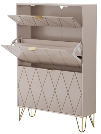 UEV Armario Zapatero para Ahorrar Espacio de Madera de Ingeniería, Zapatero Entrada Recibidor con 3 Puertas Plegables, Mueble para 16 Pares, 80 x 24 x 120 cm, Beige Moca