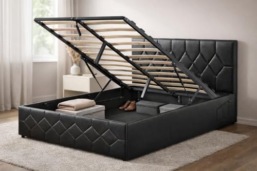 Modernique Black Faux Leather Ottoman Storage Bed with Built-in Anti-Shake Headboard, 2 Side Pockets & USB | Type-C Charging Ports (Double (4ft6))