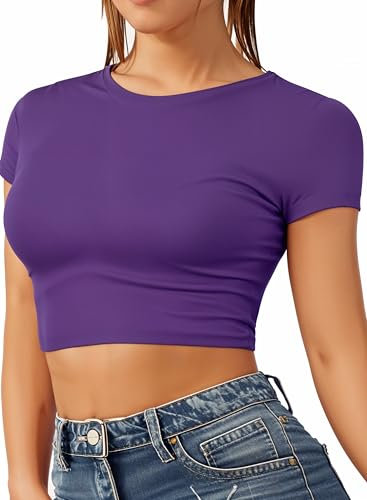 Re Tech UK - Crop Top Maniche Corte - Scollo stondato - Donna - S/M (EU 36-38) - Viola