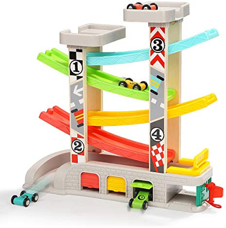 TOP BRIGHT Wooden Car Ramp Toys for 1 2 3 Year Old Boy Gifts Birthday Presents Toddler Race Track Toy with 4 Cars and 3 Car Garages
