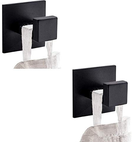 Flybath Coat Hook SUS 304 Stainless Steel Towel Robe Hooks Square Bathroom Accessories Wall Mounted Self Adhesive (No Drilling), Plating Matte Black - 2 Pack
