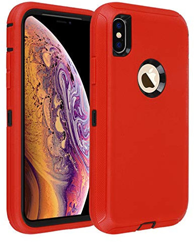 smartelf Compatible with iPhone X/Xs Case, Heavy Duty Shockproof Drop Proof Protective Cover - Soft TPU & Hard PC Shell - Red/Black