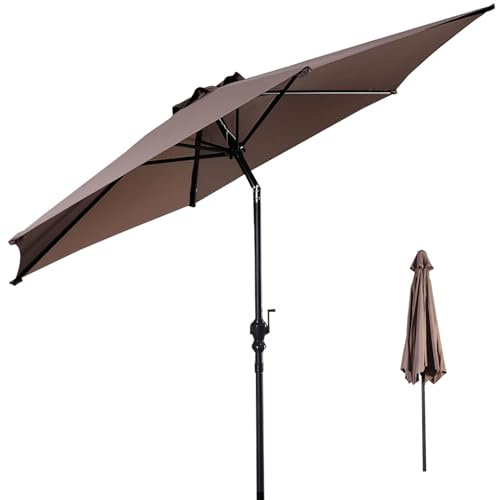 GOPLUS Sonnenschirm 270cm, Gartenschirm beidseitig um 35° knickbar, Terrassenschirm mit Kurbel, Balkonschirm mit 8 Rippen, Marktschirm für Garten, Balkon & Terrasse (Brau,270cm)